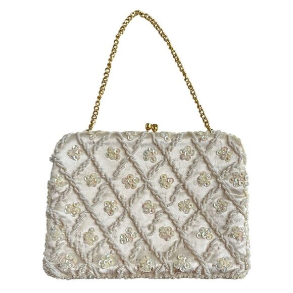 Vintage Cream Convertible Clutch Evening Bag With Sequins & Beads Hand Made - Picture 11 of 11